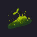 digital art of a simple blobby patch of dark bluey green moss, with yellow blades of grass, yellow floating particles, and a seedling popping out of the top.