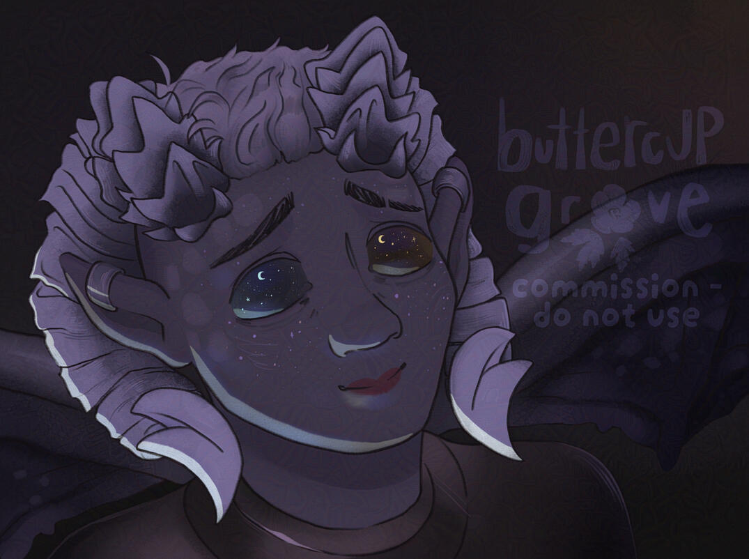 landscape digital art, close up of the head of a stylised character with grey skin, short white hair, pointy ears and two curling horns around their head. they look up at the night sky in awe, stars are reflected in their eyes. plain dark purple background
