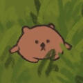 digital art of a little brown circular teddy bear sat in some green grass,