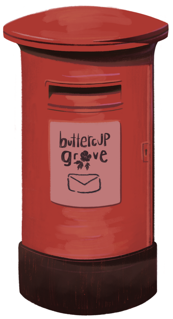 digital art of a red postbox, done in a sketchy textured way, with a grey-pink poster below the postbox that has buttercup grove handwritten on it, as well as a symbol of a closed envelope.