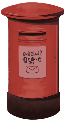 digital art of a red postbox, done in a sketchy textured way, with a grey-pink poster below the postbox that has buttercup grove handwritten on it, as well as a symbol of a closed envelope.