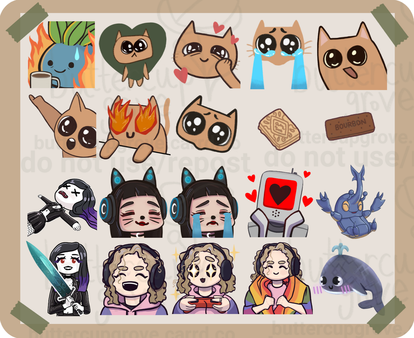 showcase of buttercupgrove's emotes, in 4 rows of 5.