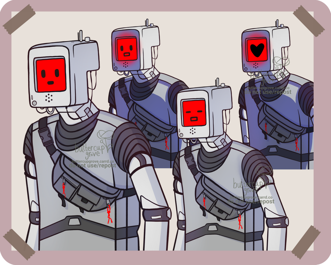 a showcase of a stray robot inspired pngtuber for decodeexception on twitch - showing the different states of open mouth/closed mouth, open eyes/closed eyes, and an extra state with hearts for a face.