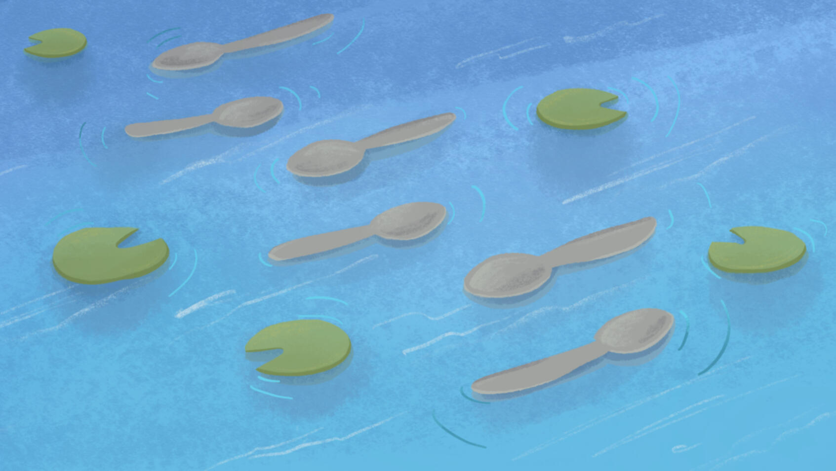 landscape digital art of a body of bright turqoise water, where there are light grey spoons lined up almost like stepping stones, where you would step in the scoop parts of the spoons, and around them are some floating lily pads in the water too.
