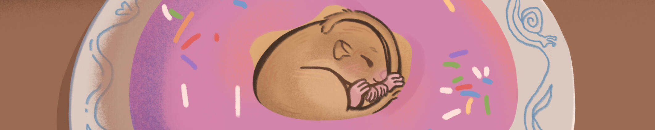 digital art illustration of a small happy brown mouse curled up asleep in the middle of a doughnut on a plate. the mouse a soft light brown colour and is smiling in their sleep, textured with soft pastel and pencil lines. their pink hands and feet are curl