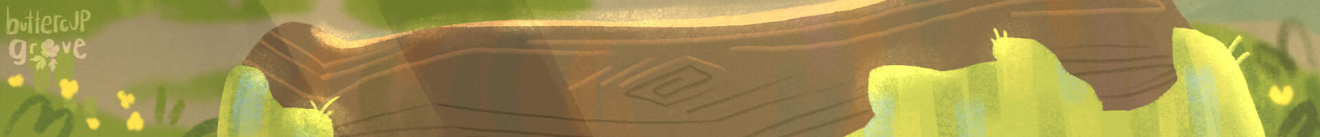 a long thin image of cropped digital art of a mossy log in a sunny forest with buttercups growing to the side of it.