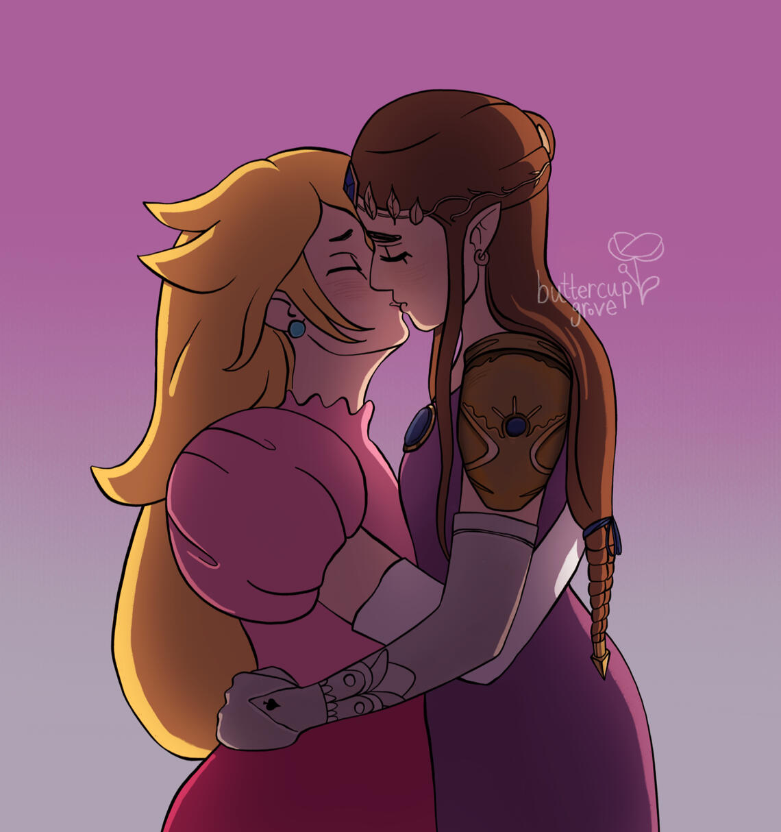 portrait digital art drawing of two feminine women kissing, shown from side profile. pink sunset/golden hour lighting. the two women are princess peach and princess zelda from nintendo.