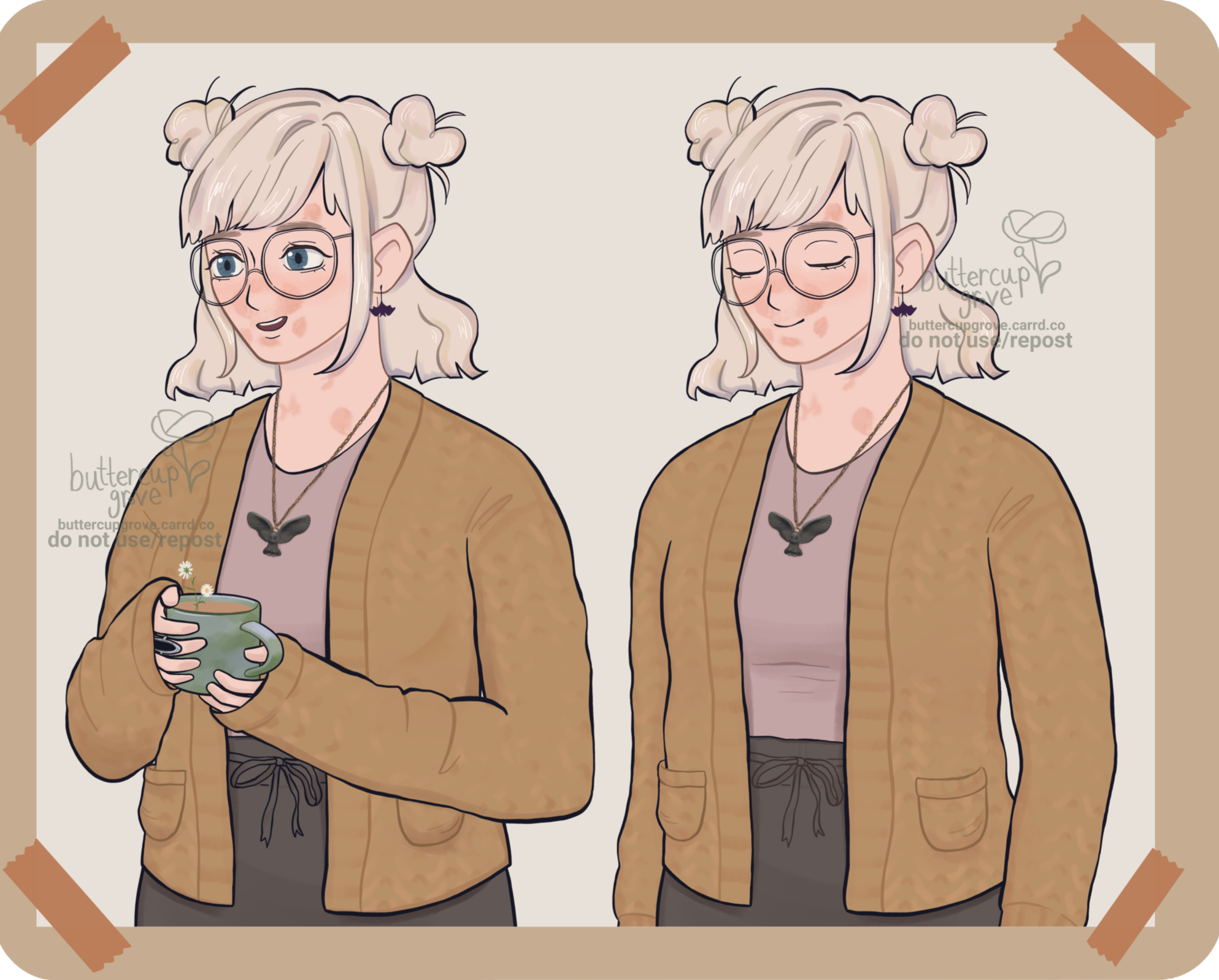 digital art of a semi-realistic character, showing from the waist up - she has light blonde hair with two buns, brown circular glasses, and is holding a mug with tea in it.