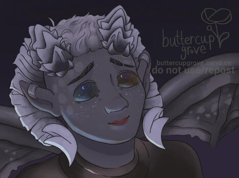 digital art painting of a dnd tiefling character looking up at the starry sky in awe. they have medium grey skin and white hair and white curled horns, with differently coloured eyes, one blue and one yellow. they have pointed ears and big grey wings.