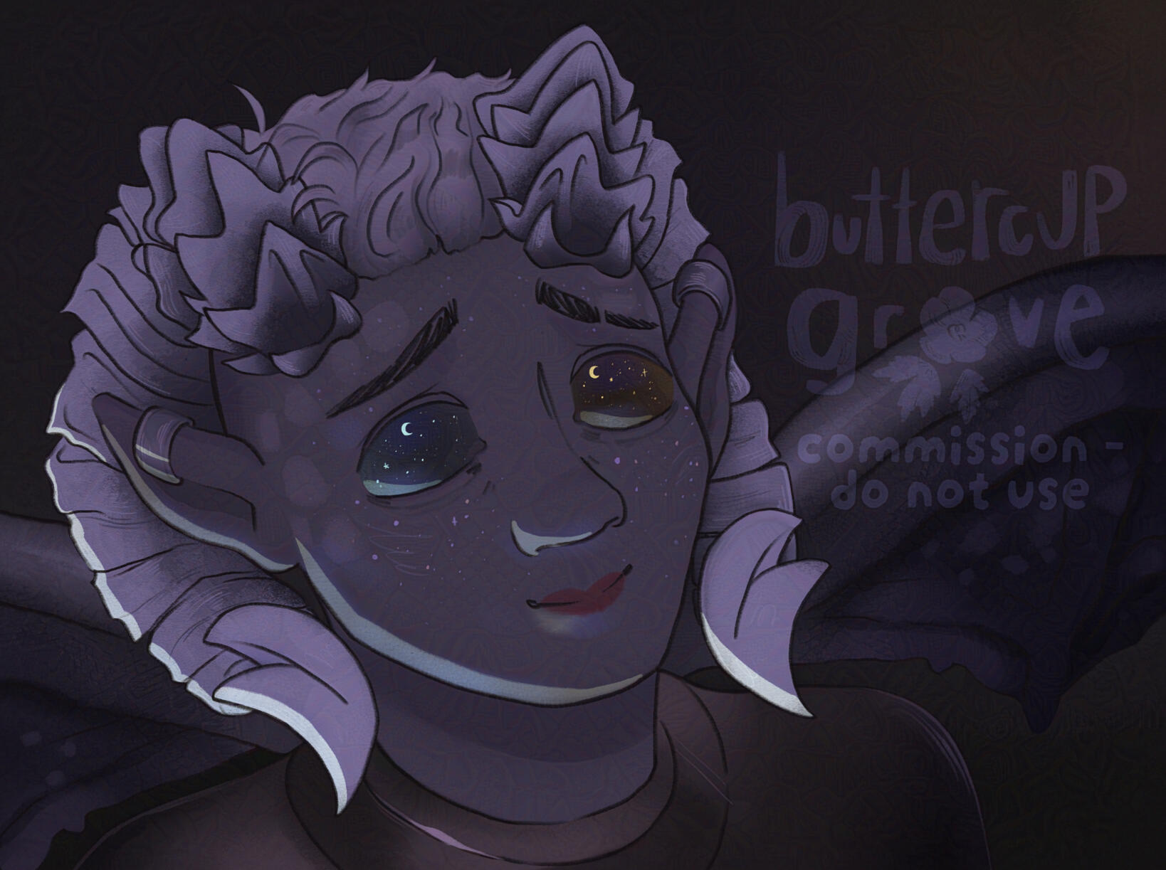 digital art painting of a dnd tiefling character looking up at the starry sky in awe. they have medium grey skin and white hair and white curled horns, with differently coloured eyes, one blue and one yellow. they have pointed ears and big grey wings.