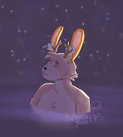 square digital art of a humanoid jackalope fursona calmly resting in dark glowy purple water, his eyes closed, smiling, with out of focus stars in the background. he is lit by a bright light to the right off screen, lighting the edges of his rabbit ears.