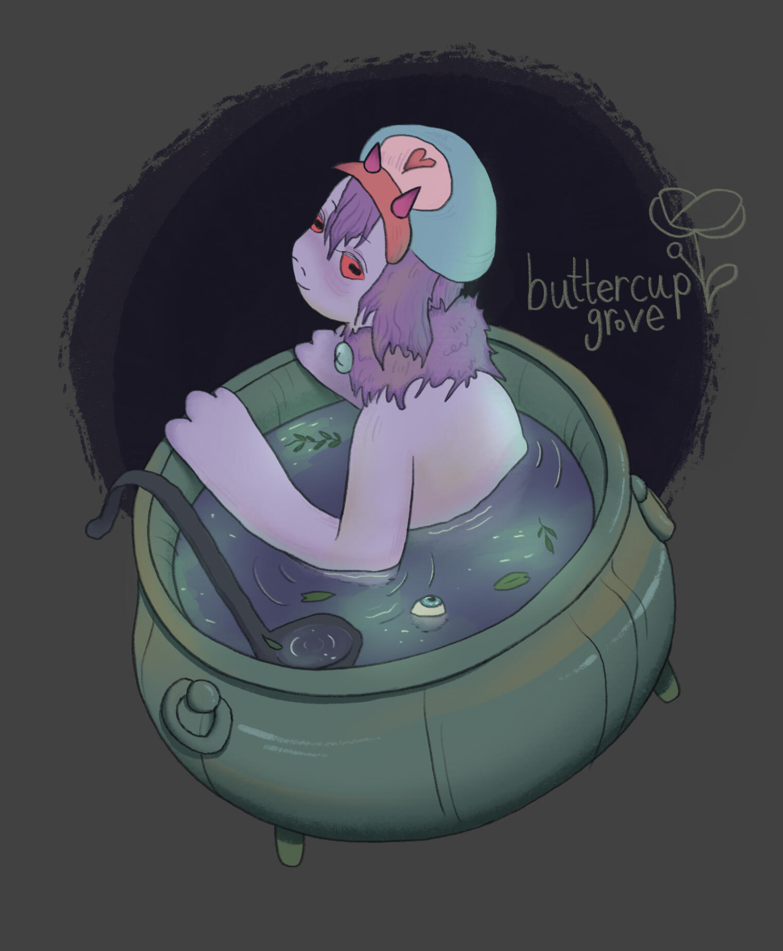 portrait digital art drawing of kiiyutie’s character who is an anthropomorphic goat who’s bottom half of their body is a cauldron for mixing potions, looking back behind them towards the viewer. she has light purple skin + medium purple hair.