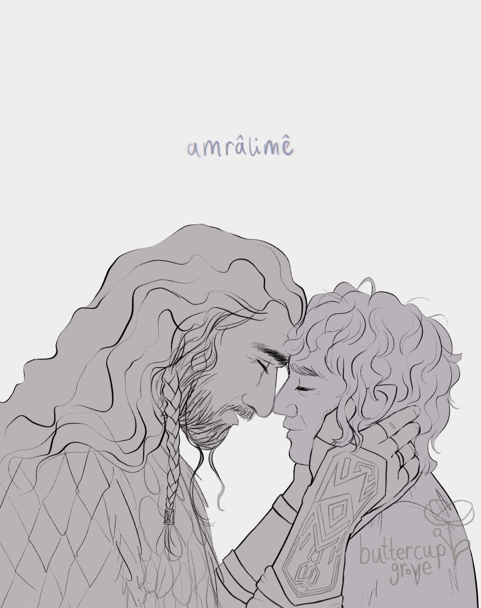 Monochrome digital drawing of Bilbo Baggins and Thorin Oakenshield from the hobbit from shoulders up, facing eachother with their foreheads touching. Thorin has his hands caressing Bilbo's face, and they both smile gently.