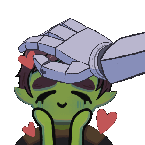 animated emote of a green skinned happy character getting a headpat from a grey robot hand