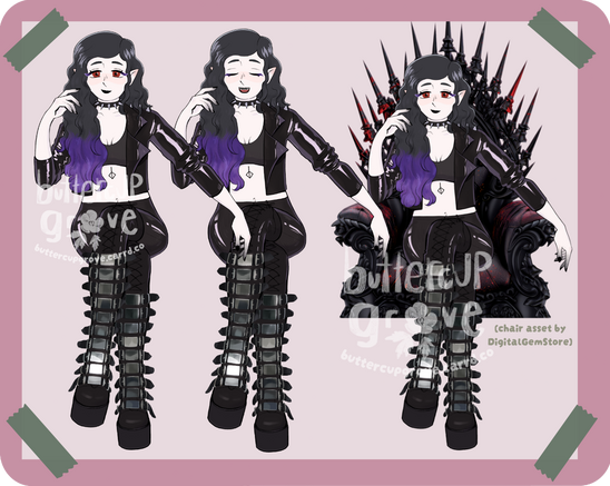 a PNGtuber showcase showing the states of the character, talking, blinking, etc. the character is feminine, white skin, black and purple hair, sitting in a throne. she wears a shiny leather jacket and trousers and long buckled boots.