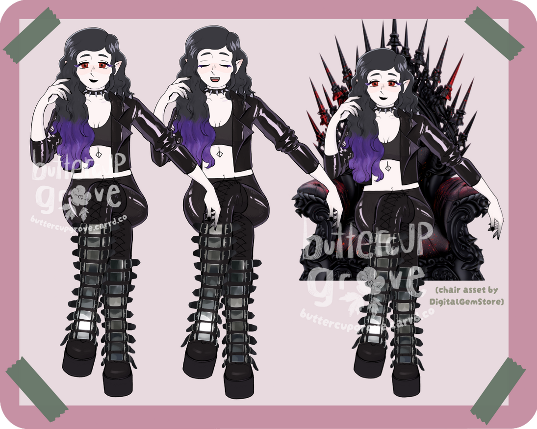 a PNGtuber showcase showing the states of the character, talking, blinking, etc. the character is feminine, white skin, black and purple hair, sitting in a throne. she wears a shiny leather jacket and trousers and long buckled boots.