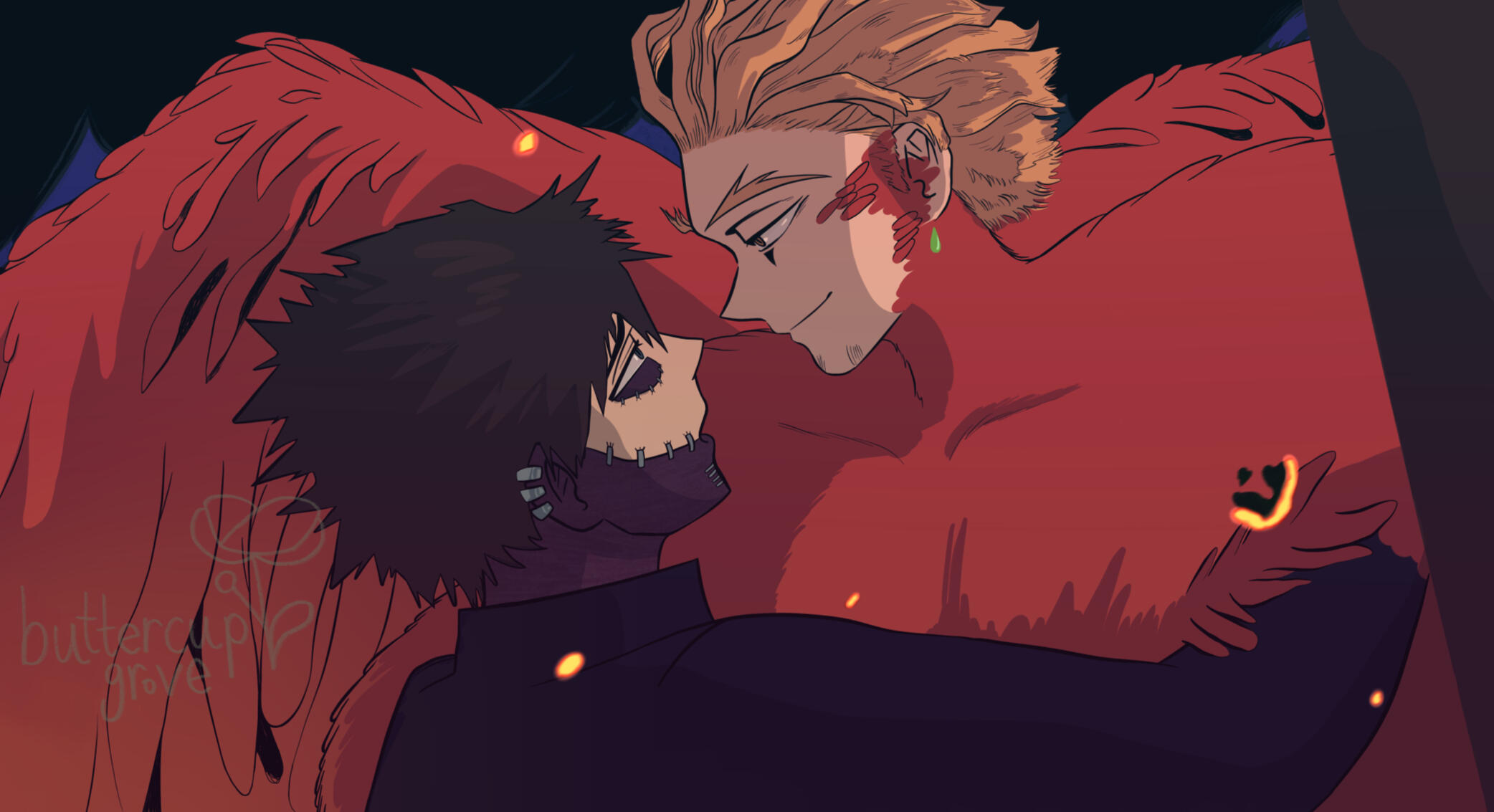digital art of dabi and hawks from the anime my hero academia, put into a scene from ghibli film howl's moving castle. hawks has red feathers and wings, and is lovingly looking at dabi to the left of him.