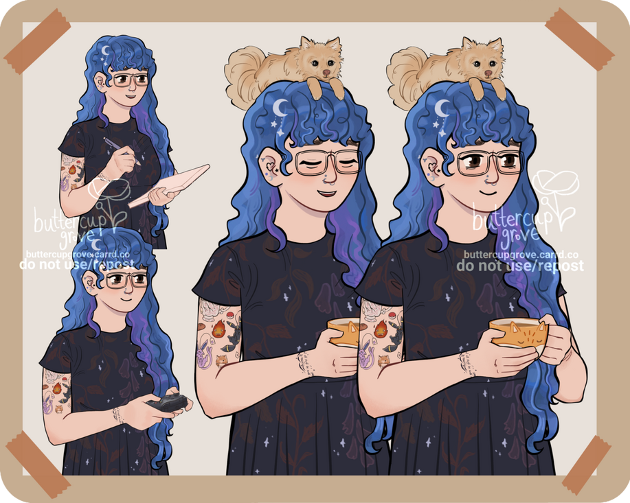 a PNGtuber showcase showing the 4 states of the character, talking, blinking, etc. the character is feminine with long curly blue and purple hair and light skin, has pokemon tattoos on her arms and a fluffy cream dog on top of her head.