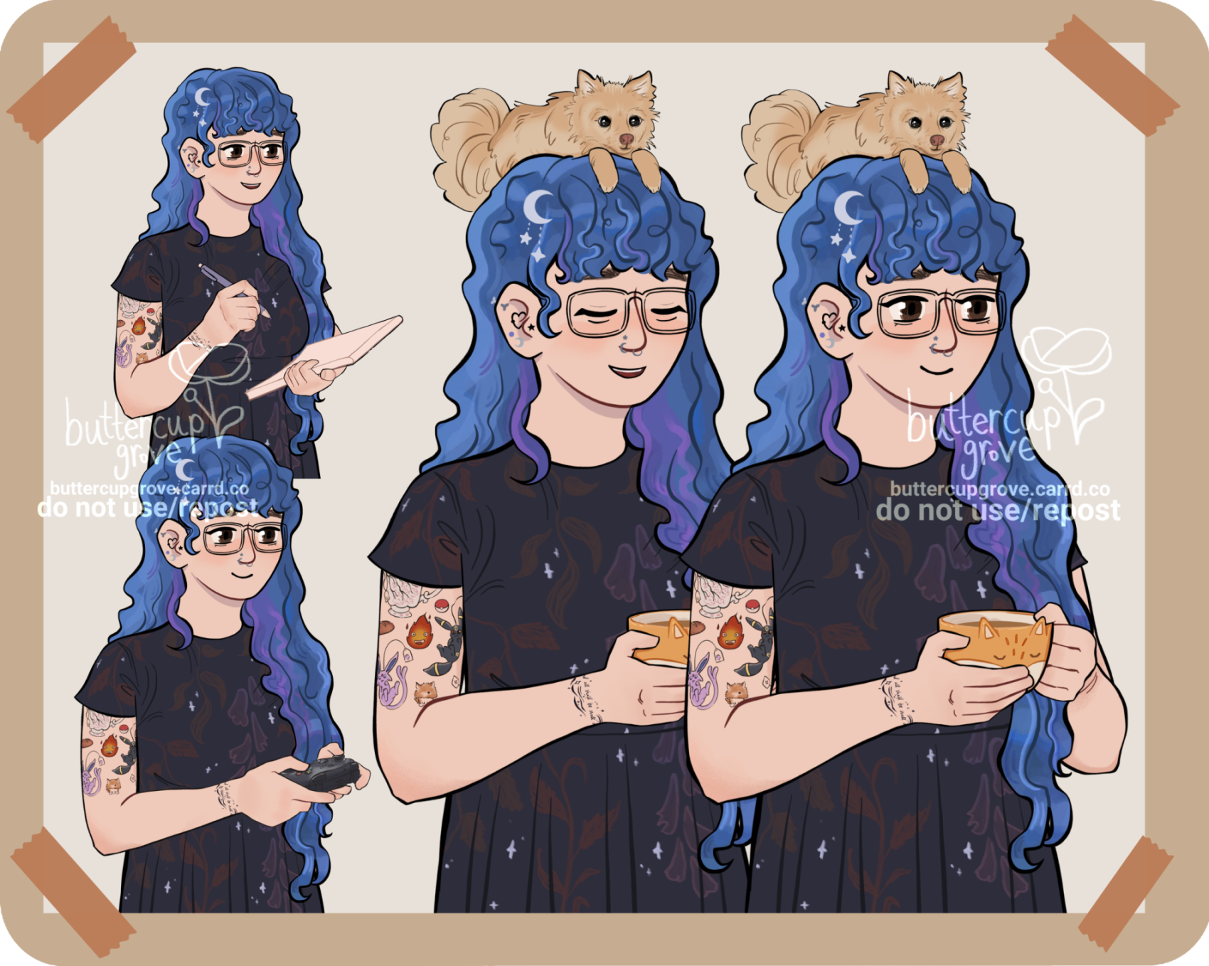 a PNGtuber showcase showing the 4 states of the character, talking, blinking, etc. the character is feminine with long curly blue and purple hair and light skin, has pokemon tattoos on her arms and a fluffy cream dog on top of her head.