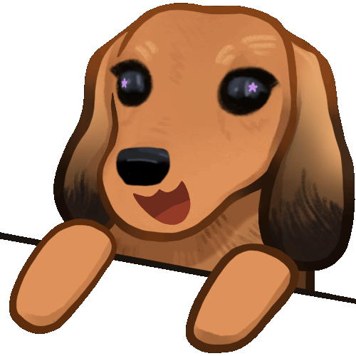 animated emote of a blonde-orange dog tapping her paws on a table with an excited smile on her face. she has long floppy ears that are darker at the ends and big dark eyes with sparkles in them.