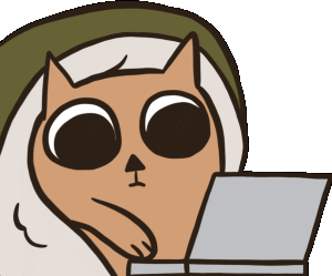 animated emote of a cat in a blanket looking at a laptop and closing it and then looking at the camera in shock or denial, I'm not fully sure.